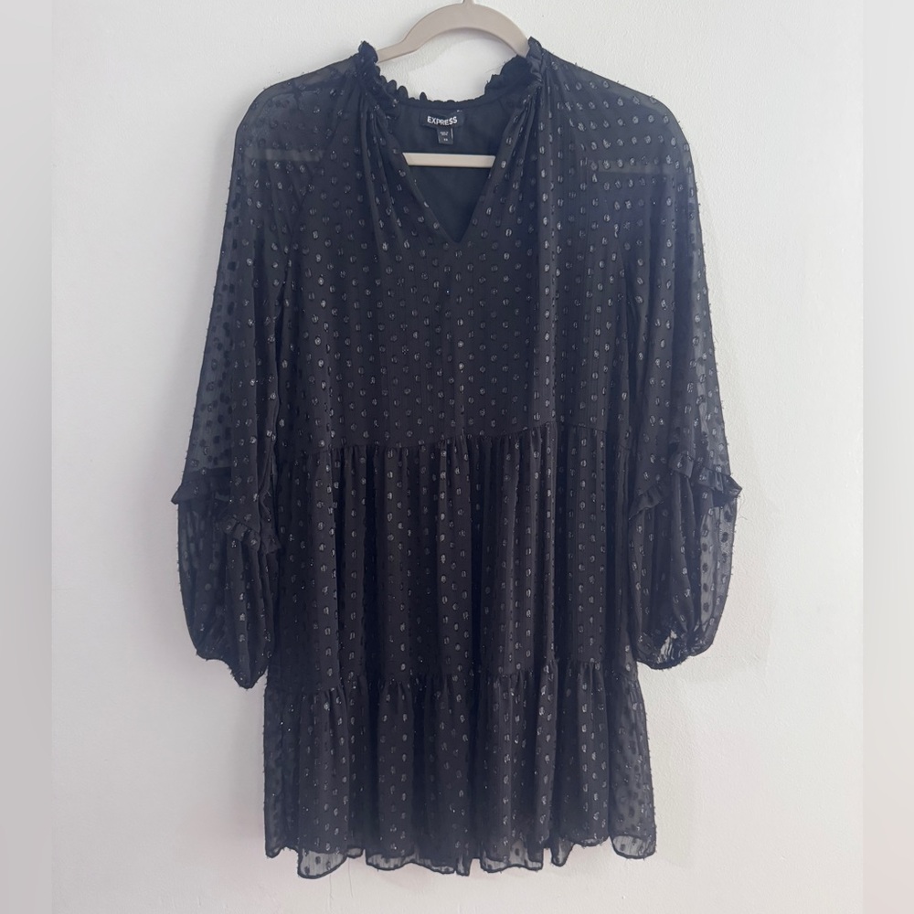Express Black Shimmering Polka Dot Dress With Sheer Long Sleeves Sz XS